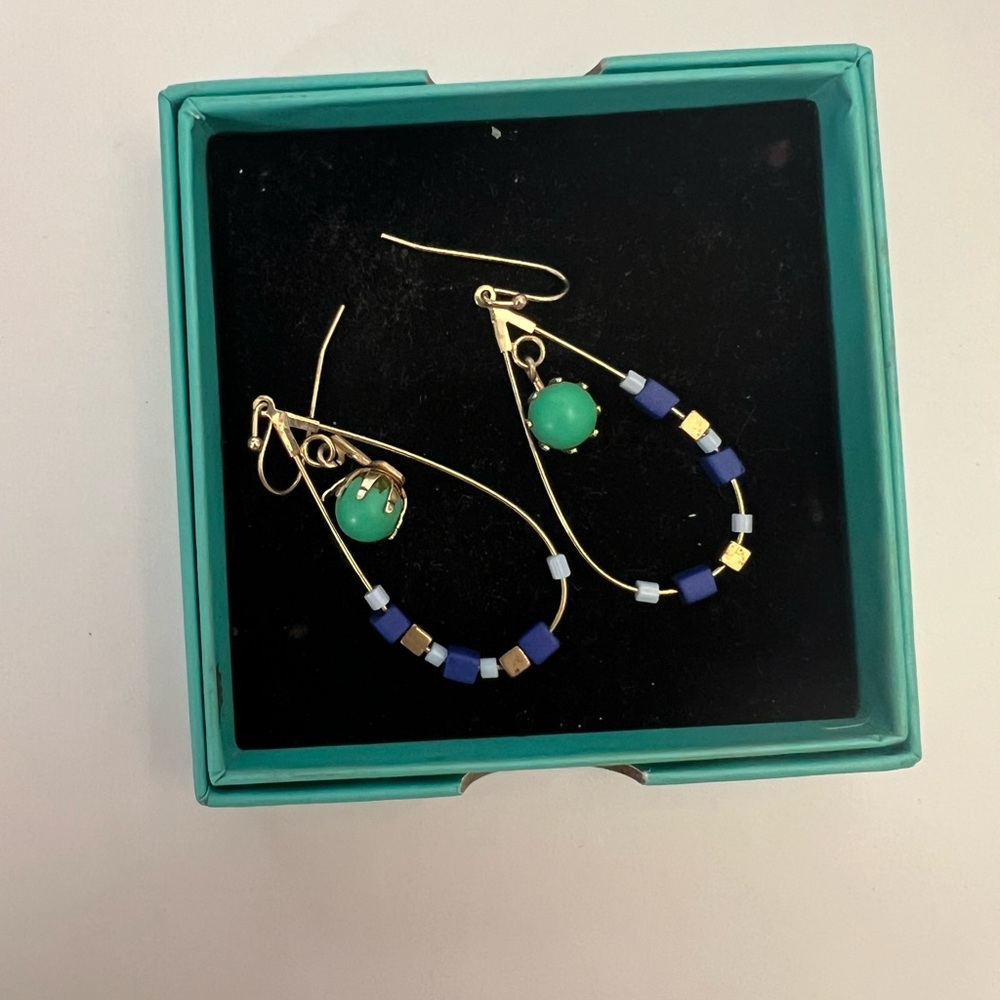 Elegant Gold and Blue Beaded Earrings- 14k gold- handmade
